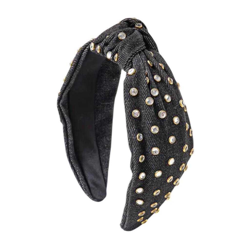 Black Denim Rhinestone Studded Headband